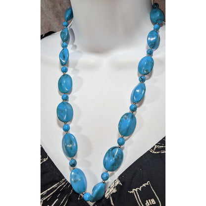 Boho Faux Stone Blue Black Swirl Beaded Necklace 23 Inch Preowned