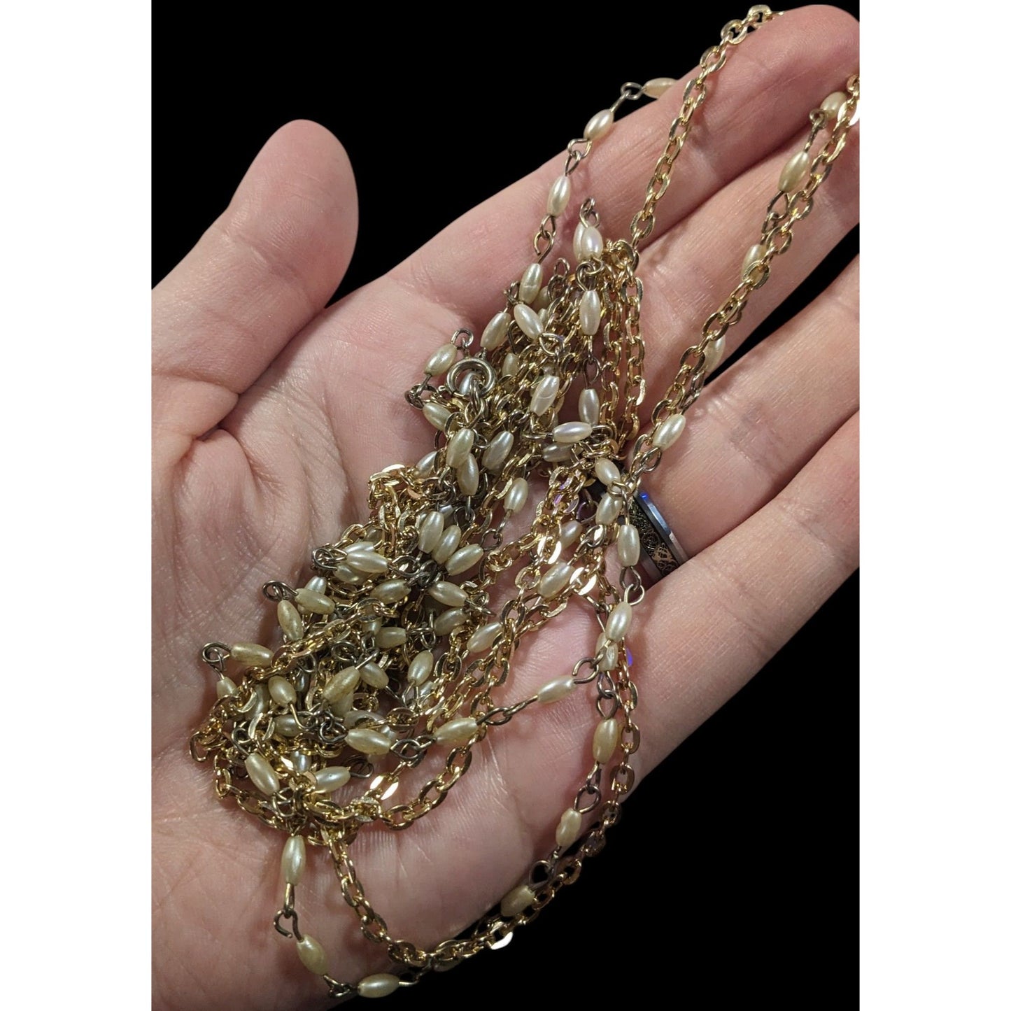 Elegant Hollywood Pearl Gold Tone Chain Double Layer Opera Necklace