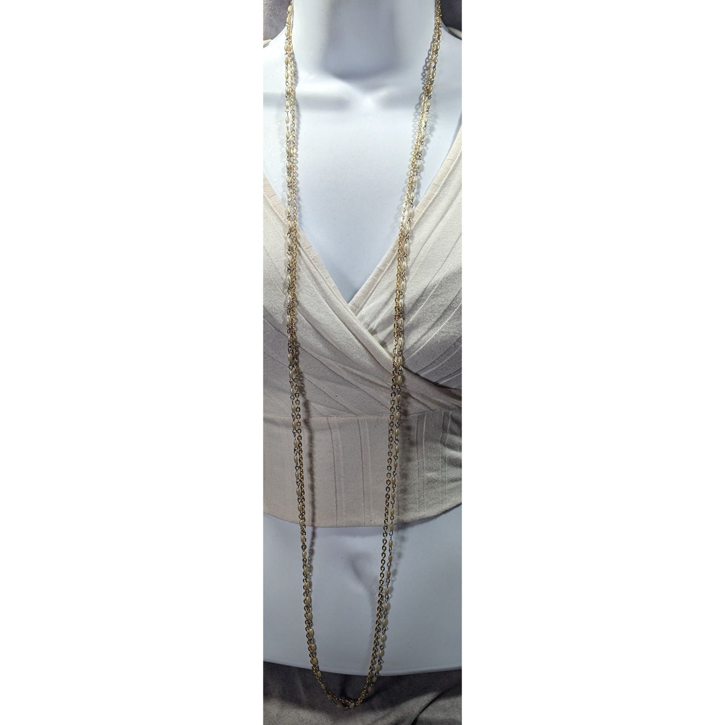 Elegant Hollywood Pearl Gold Tone Chain Double Layer Opera Necklace