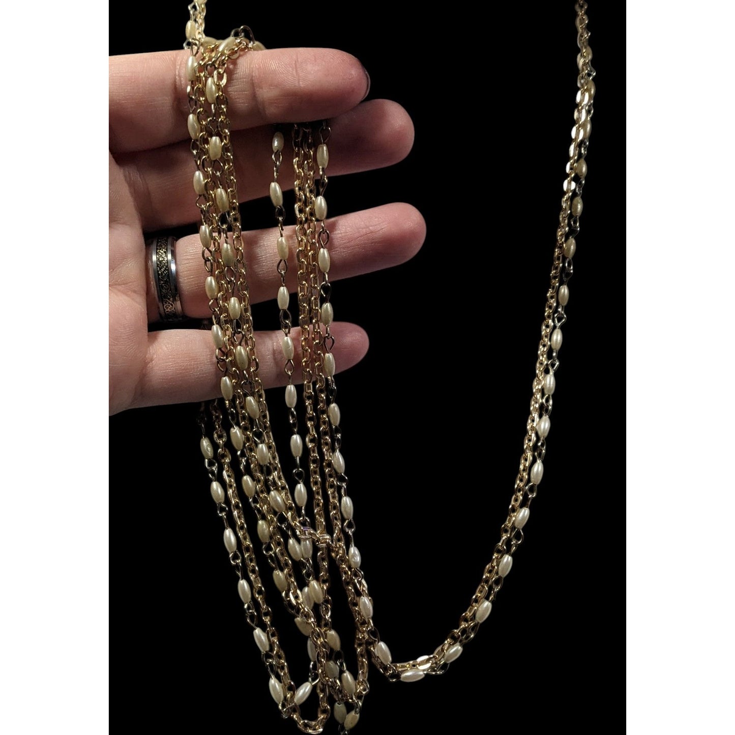 Elegant Hollywood Pearl Gold Tone Chain Double Layer Opera Necklace
