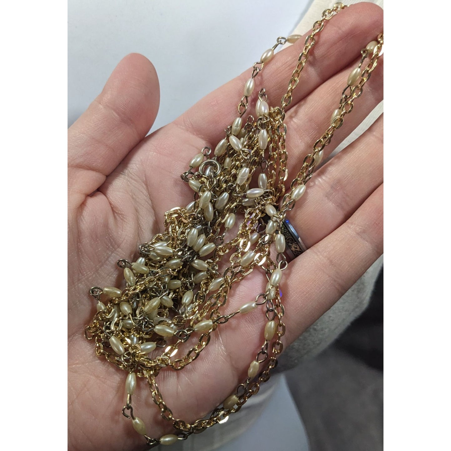 Elegant Hollywood Pearl Gold Tone Chain Double Layer Opera Necklace