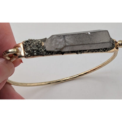 Boho Witchy Quartz Crystal Pyrite Gold Tone Bangle Bracelet 7 1/2 Inch
