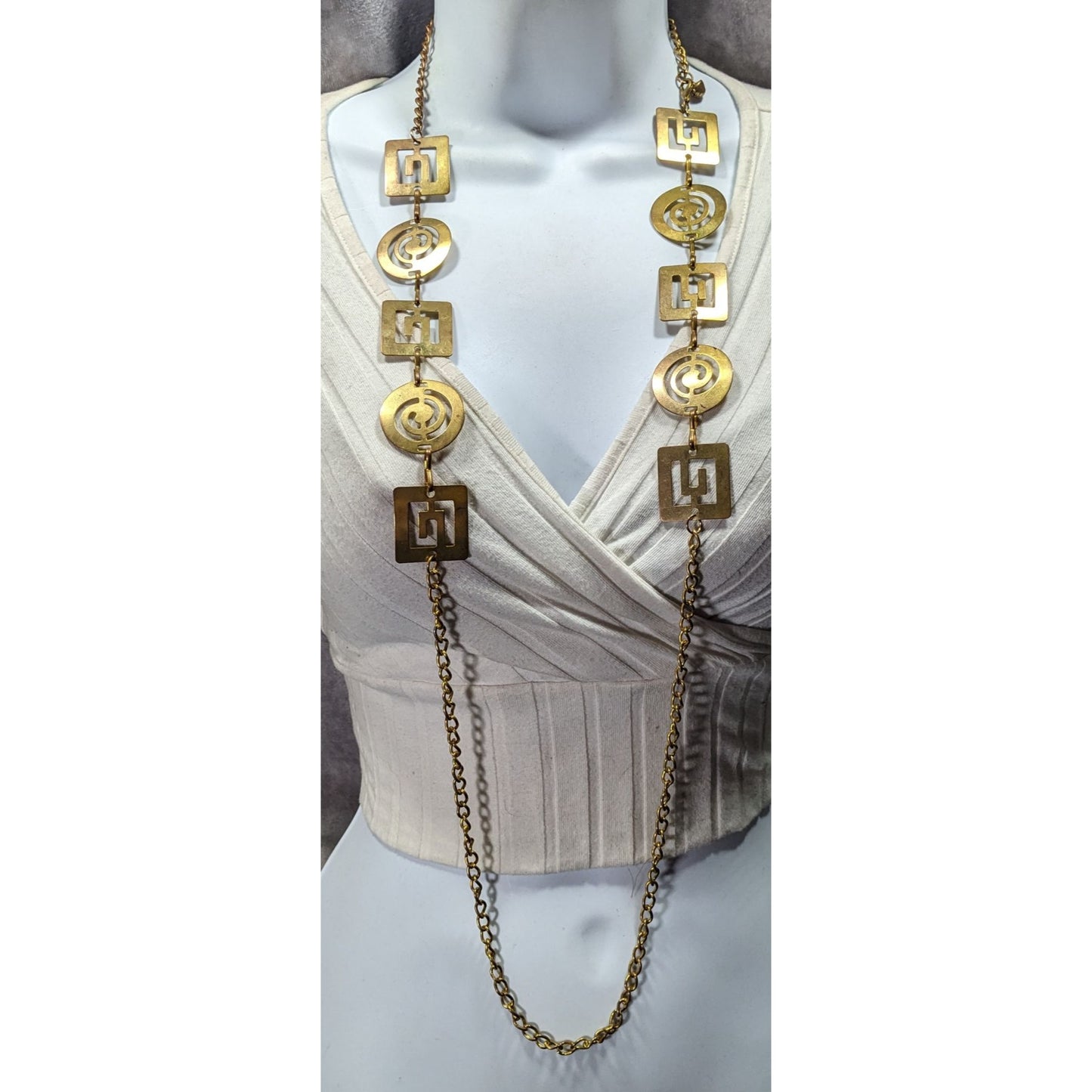 Vintage Chunky Geometric Link Chain Necklace Gold Tone With Cutouts