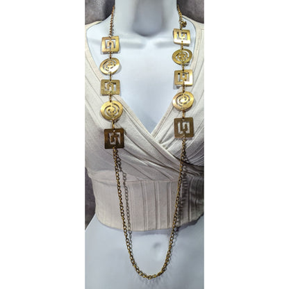 Vintage Chunky Geometric Link Chain Necklace Gold Tone With Cutouts