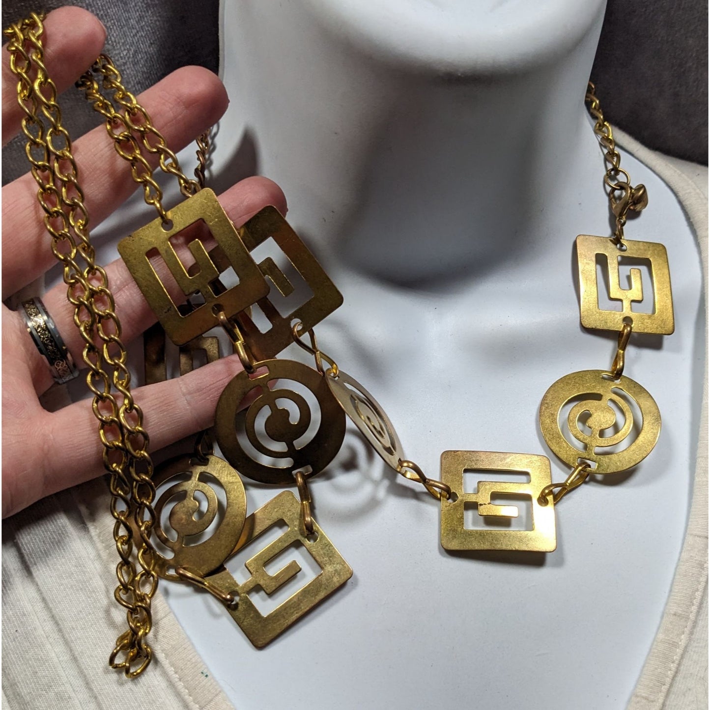 Vintage Chunky Geometric Link Chain Necklace Gold Tone With Cutouts