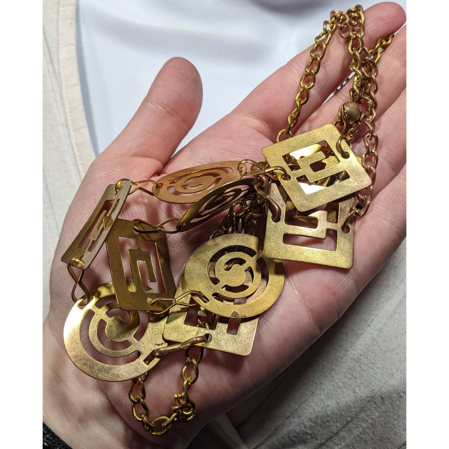Vintage Chunky Geometric Link Chain Necklace Gold Tone With Cutouts