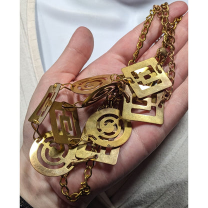 Vintage Chunky Geometric Link Chain Necklace Gold Tone With Cutouts