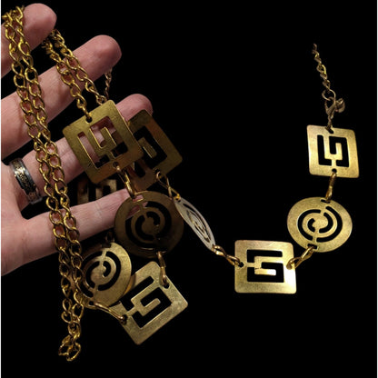 Vintage Chunky Geometric Link Chain Necklace Gold Tone With Cutouts