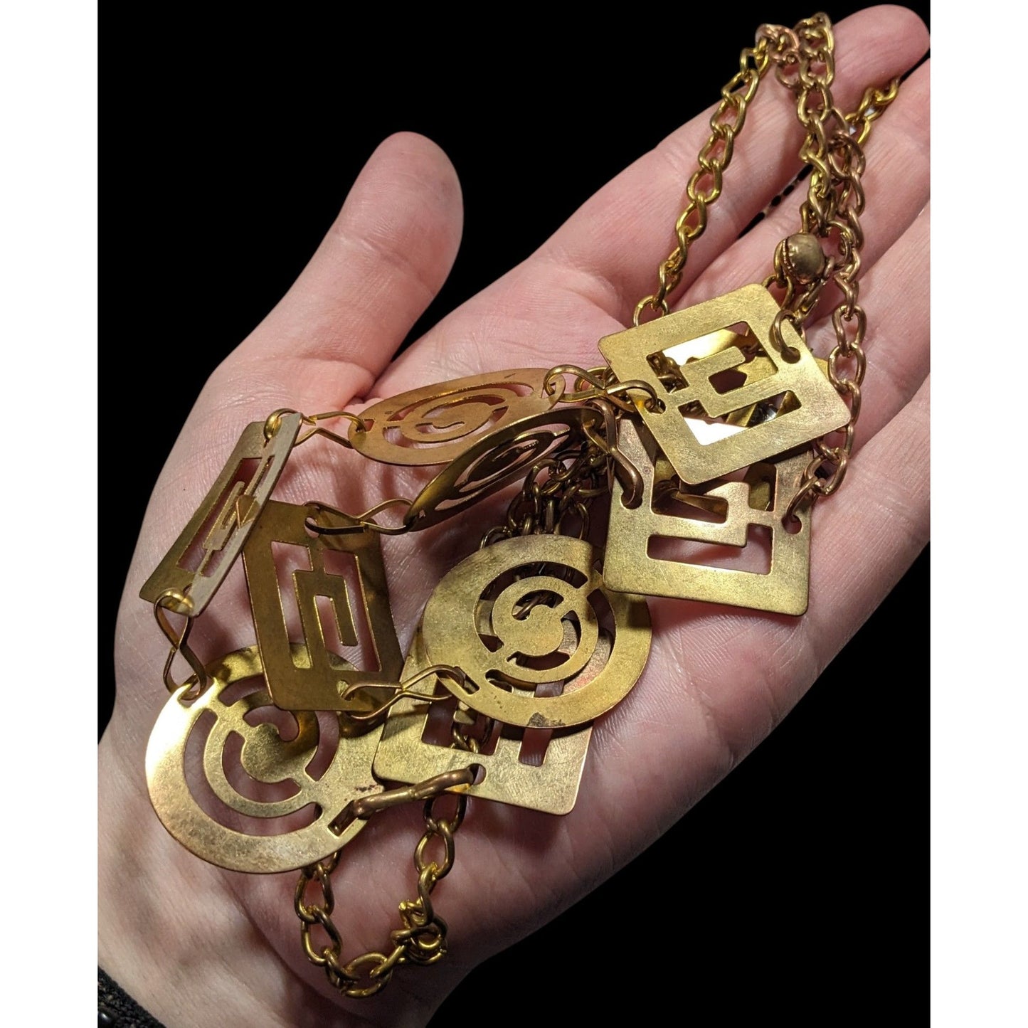 Vintage Chunky Geometric Link Chain Necklace Gold Tone With Cutouts