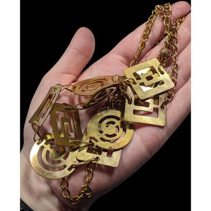 Vintage Chunky Geometric Link Chain Necklace Gold Tone With Cutouts