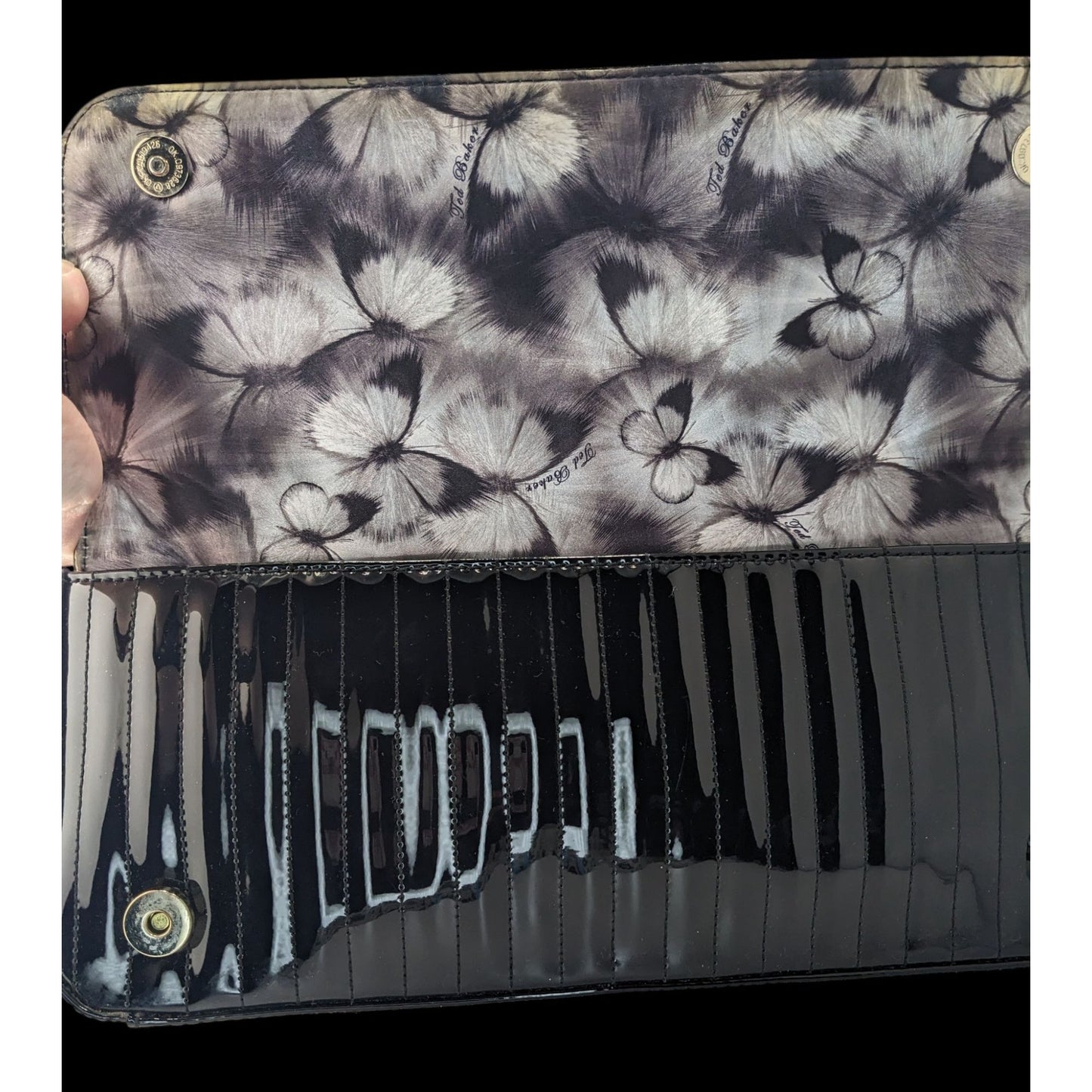 Ted Baker Black Patent Leather Quilted Clutch With Butterfly Lining 13.5"x5"x1"