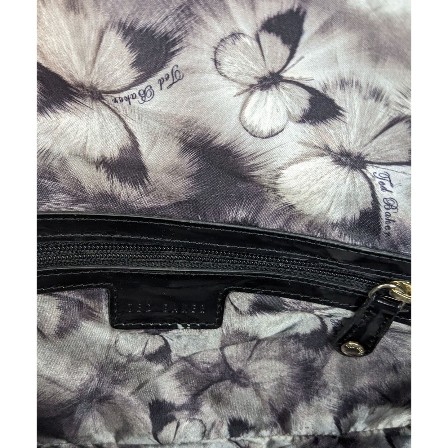 Ted Baker Black Patent Leather Quilted Clutch With Butterfly Lining 13.5"x5"x1"