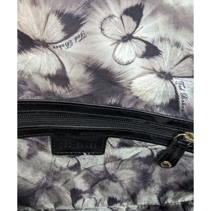 Ted Baker Black Patent Leather Quilted Clutch With Butterfly Lining 13.5"x5"x1"