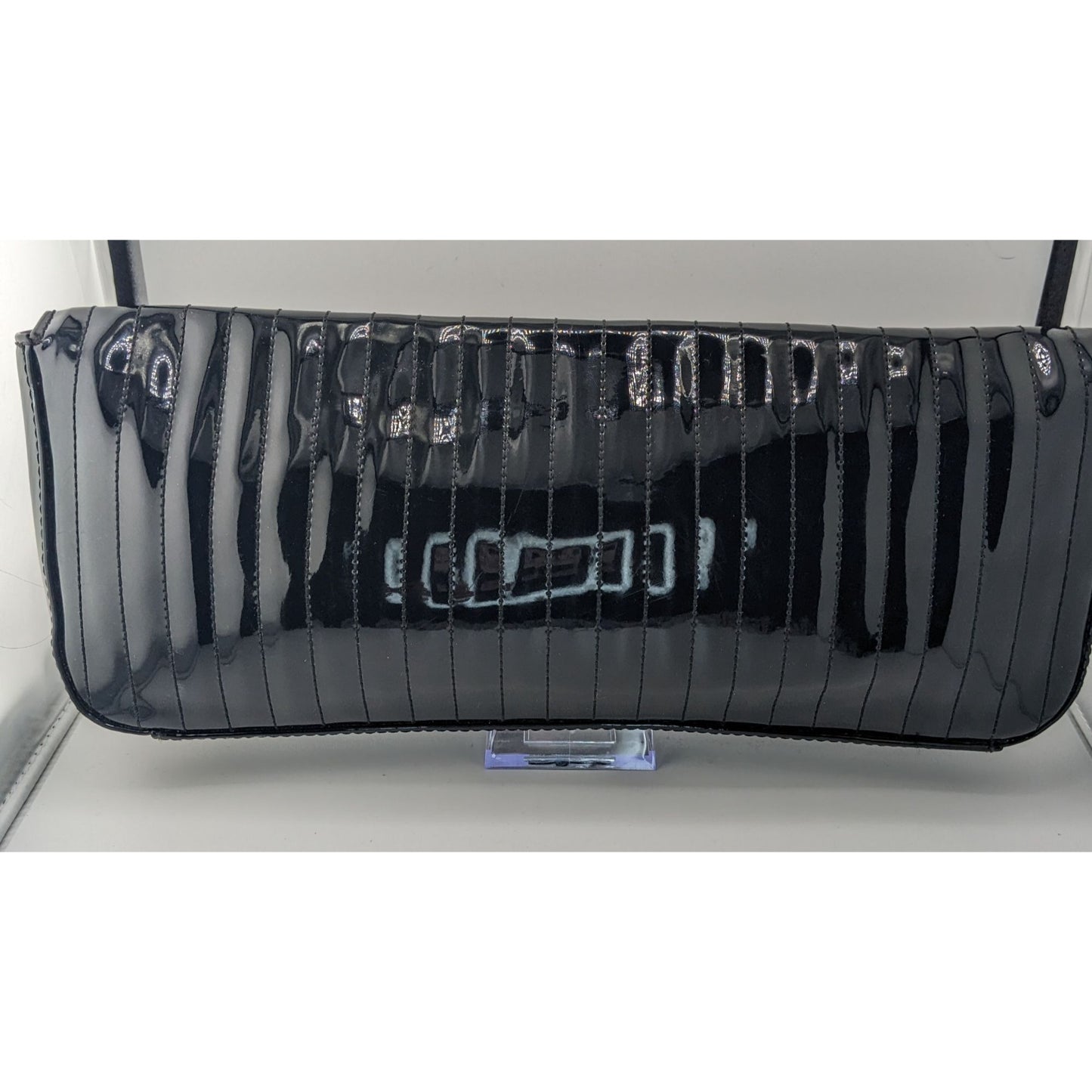 Ted Baker Black Patent Leather Quilted Clutch With Butterfly Lining 13.5"x5"x1"