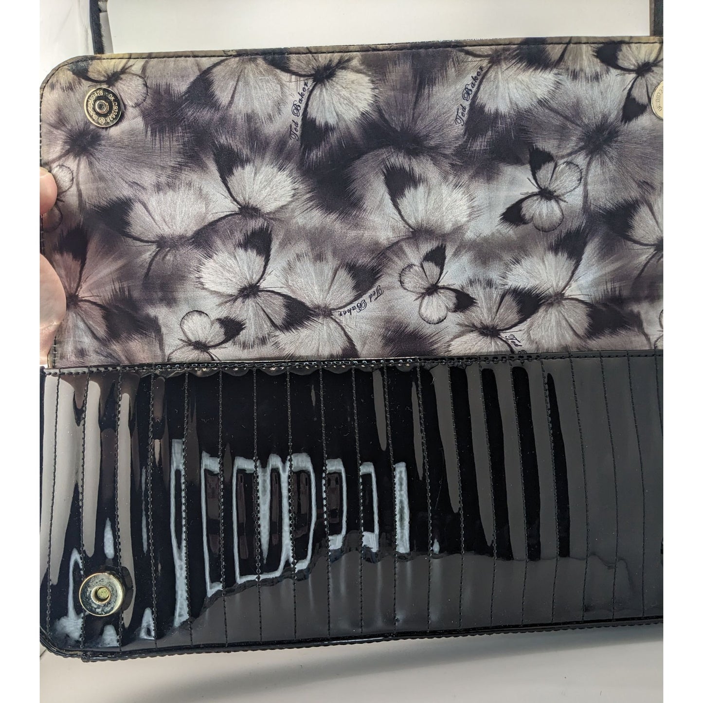 Ted Baker Black Patent Leather Quilted Clutch With Butterfly Lining 13.5"x5"x1"