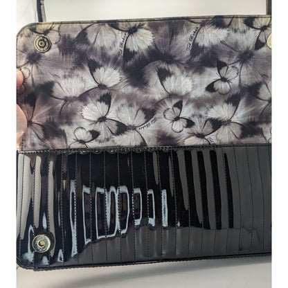 Ted Baker Black Patent Leather Quilted Clutch With Butterfly Lining 13.5"x5"x1"