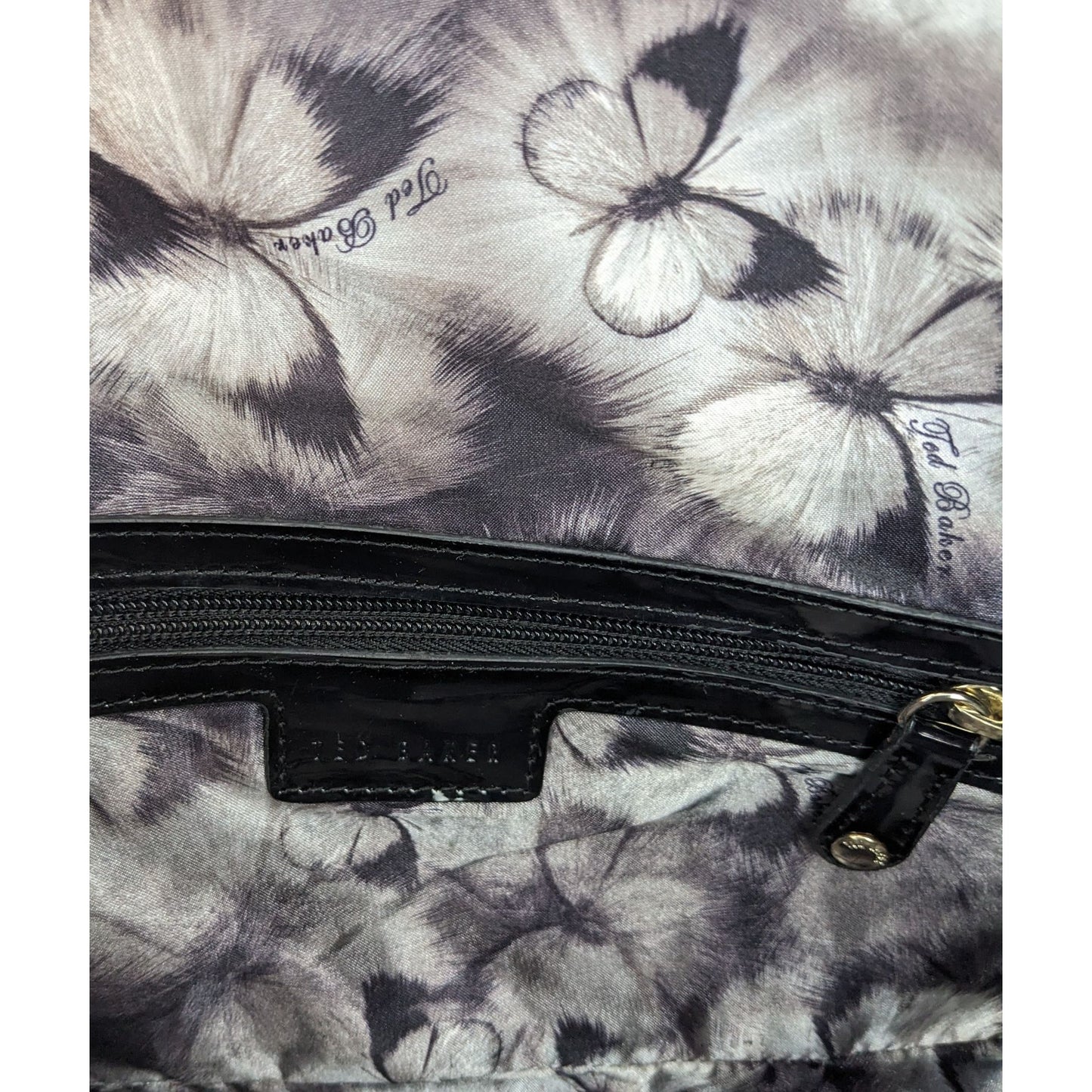 Ted Baker Black Patent Leather Quilted Clutch With Butterfly Lining 13.5"x5"x1"