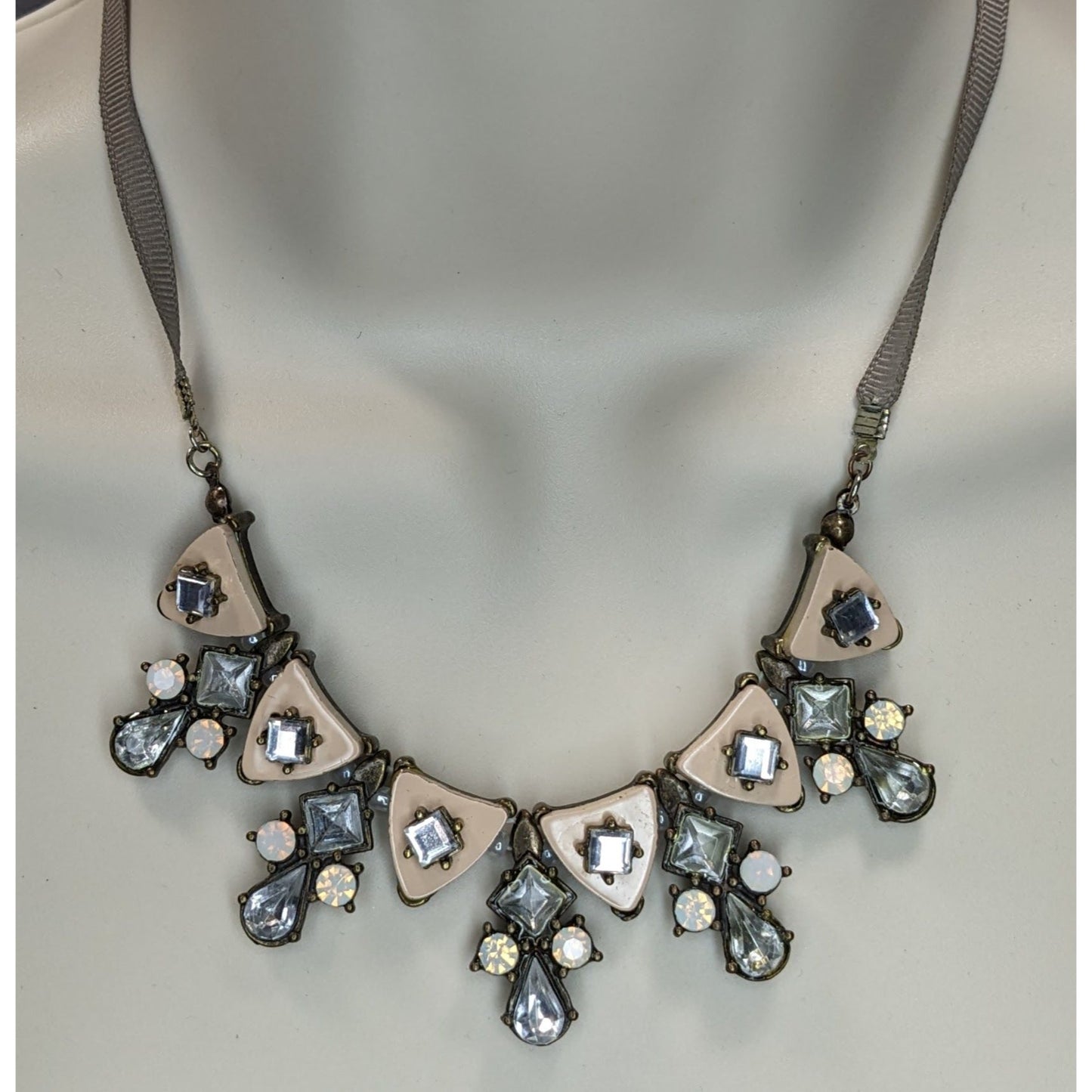 Vintage Liz Claiborne Art Deco Rhinestone Statement Necklace Neutral Glam Bib Jewelry