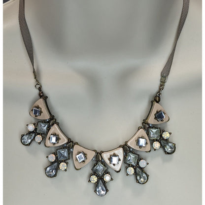 Vintage Liz Claiborne Art Deco Rhinestone Statement Necklace Neutral Glam Bib Jewelry