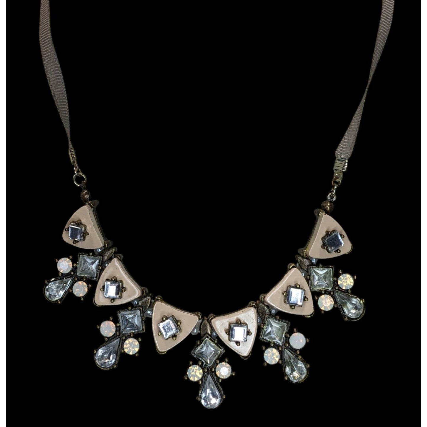 Vintage Liz Claiborne Art Deco Rhinestone Statement Necklace Neutral Glam Bib Jewelry