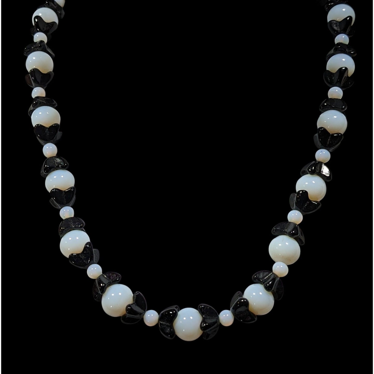 Handmade Whimsical Black And Moonstone Glass Beaded Necklace