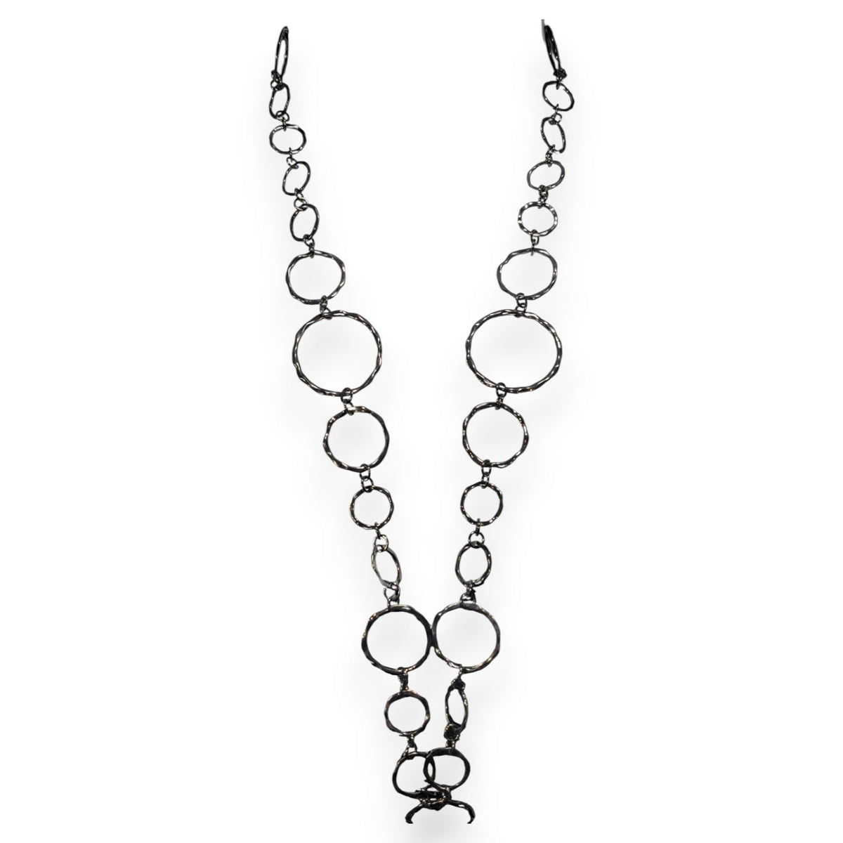Industrial Modern Hammered Metal Gunmetal Circle Link Necklace 30 Inch