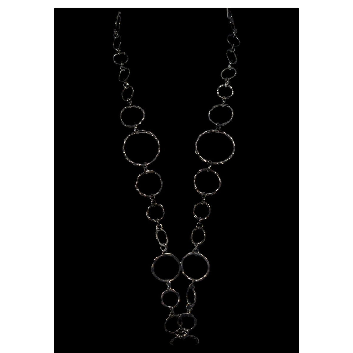 Industrial Modern Hammered Metal Gunmetal Circle Link Necklace 30 Inch