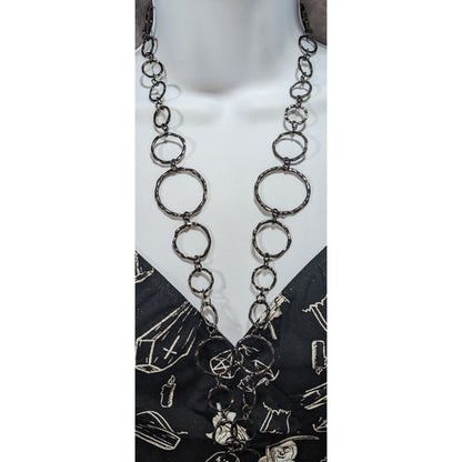 Industrial Modern Hammered Metal Gunmetal Circle Link Necklace 30 Inch