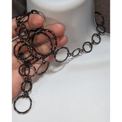 Industrial Modern Hammered Metal Gunmetal Circle Link Necklace 30 Inch