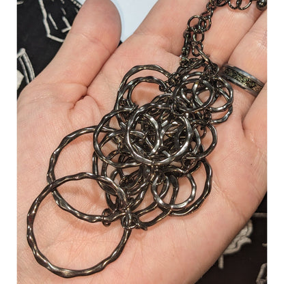 Industrial Modern Hammered Metal Gunmetal Circle Link Necklace 30 Inch
