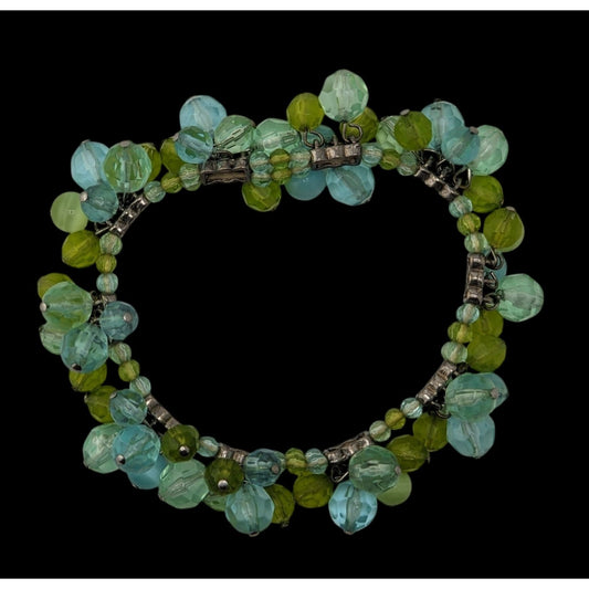 Boho Mermaidcore Vintage Blue Green Beaded Stretch Cluster Bracelet