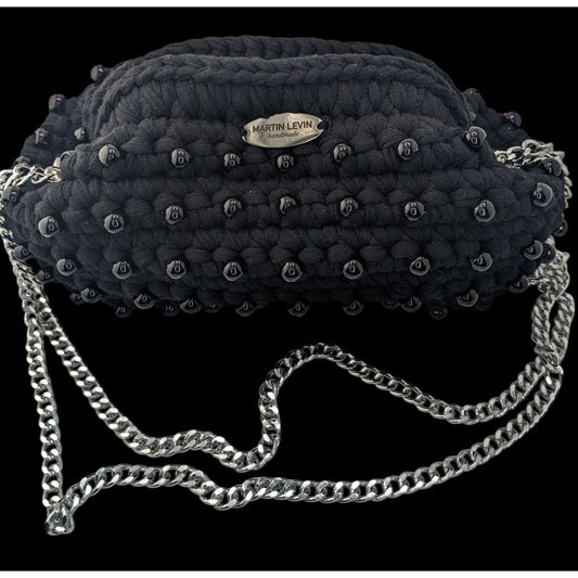 Martin Levin Handmade Black Beaded Crochet Bag With Silver Chain Strap Oslo Design 10x5x4 Inches Adjustable 17-Inch Drop