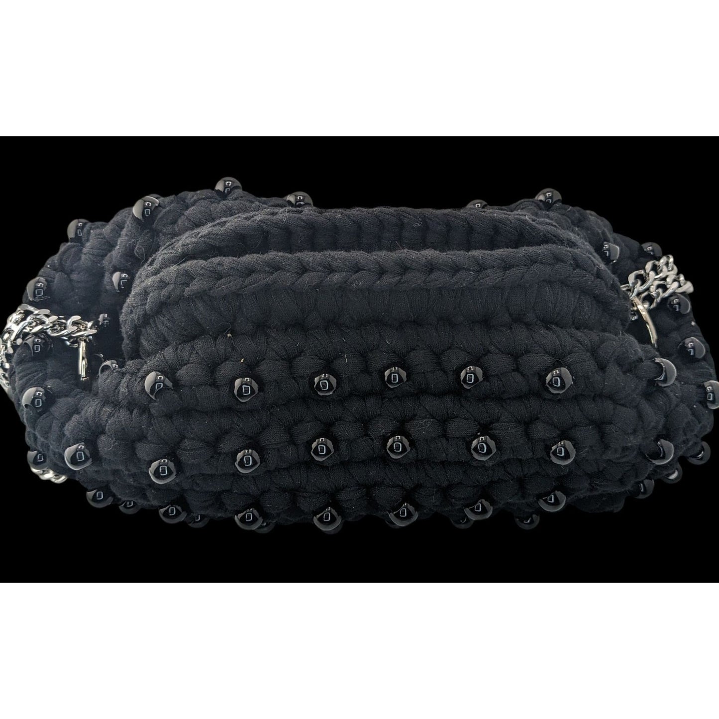 Martin Levin Handmade Black Beaded Crochet Bag With Silver Chain Strap Oslo Design 10x5x4 Inches Adjustable 17-Inch Drop