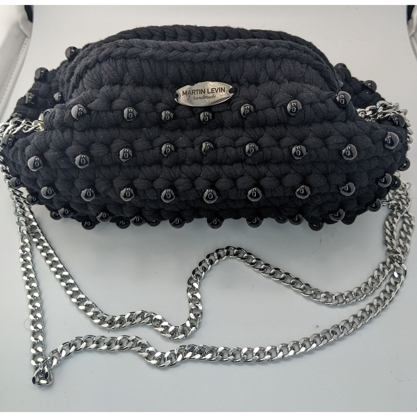 Martin Levin Handmade Black Beaded Crochet Bag With Silver Chain Strap Oslo Design 10x5x4 Inches Adjustable 17-Inch Drop