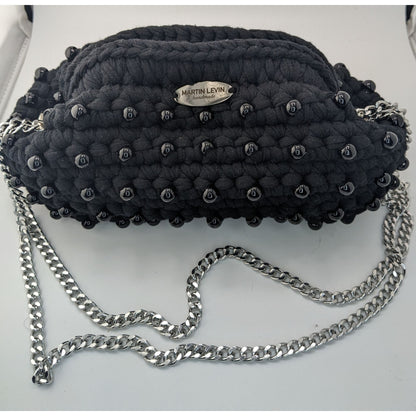 Martin Levin Handmade Black Beaded Crochet Bag With Silver Chain Strap Oslo Design 10x5x4 Inches Adjustable 17-Inch Drop