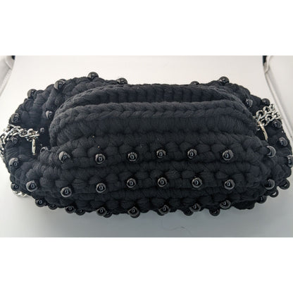 Martin Levin Handmade Black Beaded Crochet Bag With Silver Chain Strap Oslo Design 10x5x4 Inches Adjustable 17-Inch Drop