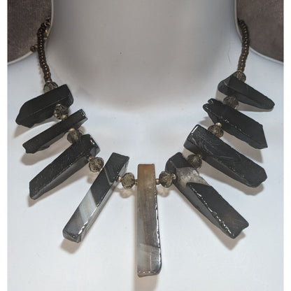 Goth Raw Gemstone Pillar Statement Necklace Black Gray Crystal Spike Bib