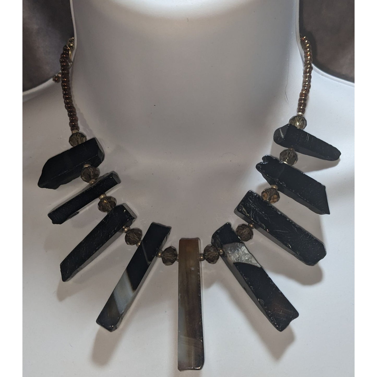 Goth Raw Gemstone Pillar Statement Necklace Black Gray Crystal Spike Bib