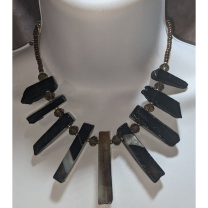 Goth Raw Gemstone Pillar Statement Necklace Black Gray Crystal Spike Bib