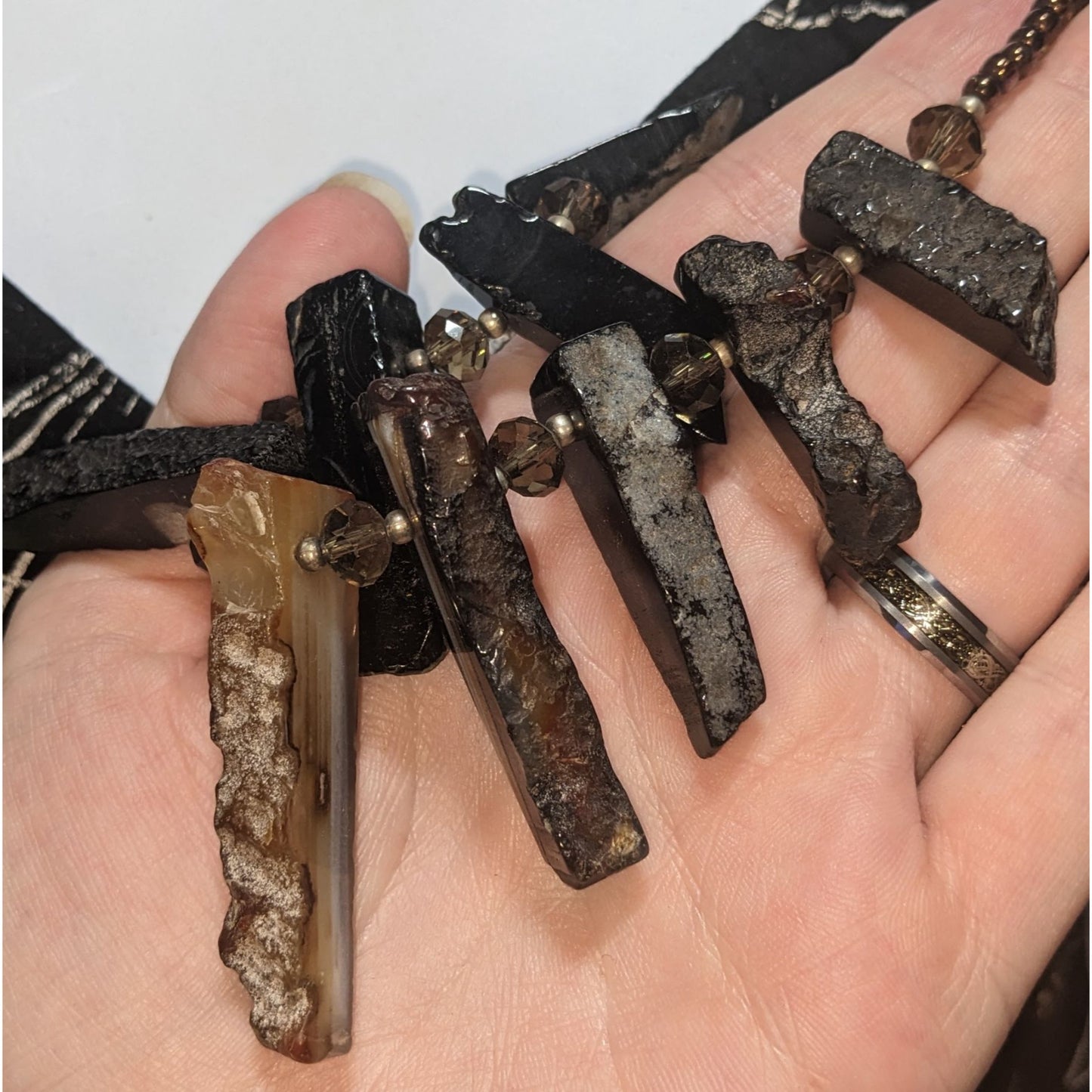 Goth Raw Gemstone Pillar Statement Necklace Black Gray Crystal Spike Bib