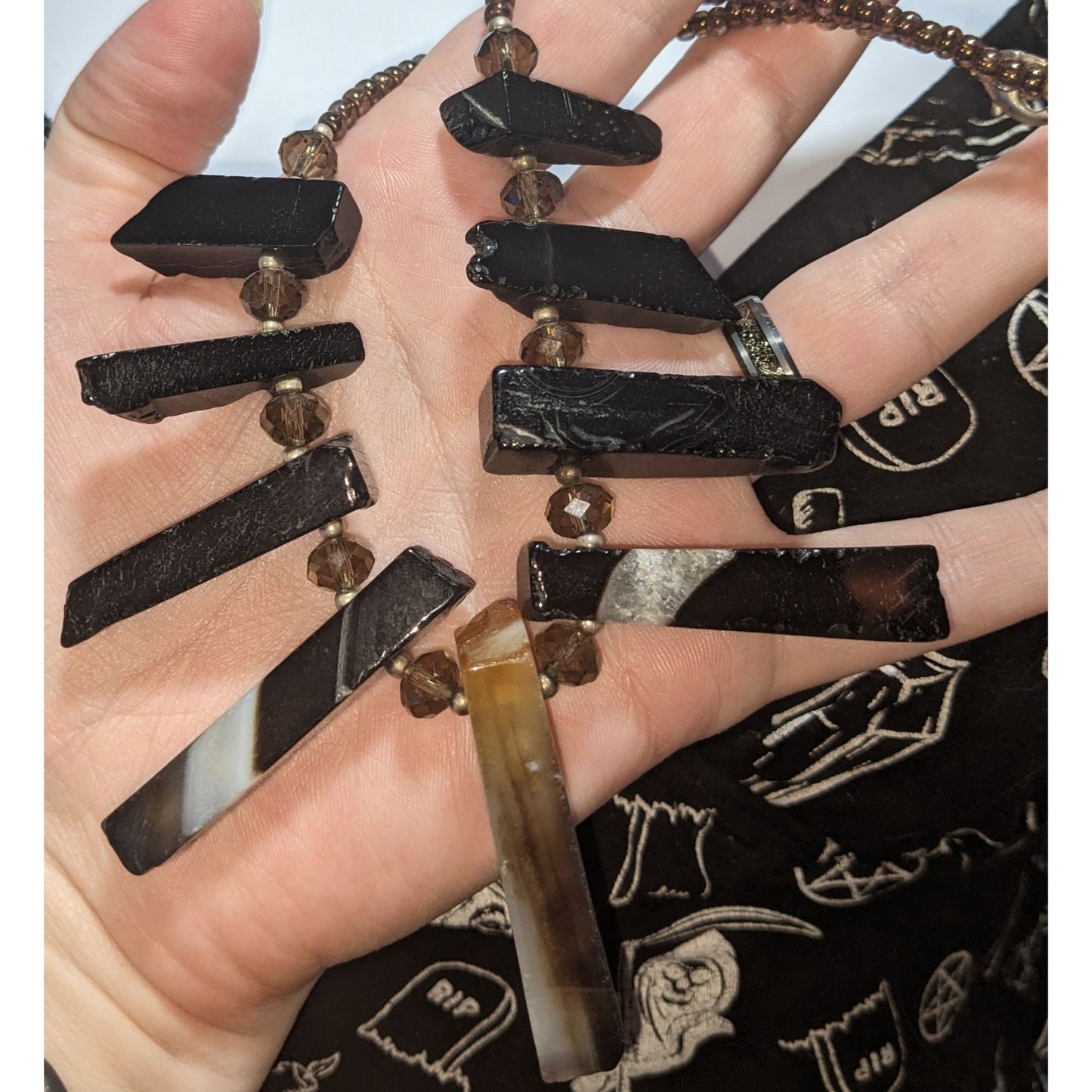 Goth Raw Gemstone Pillar Statement Necklace Black Gray Crystal Spike Bib