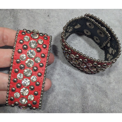 Glam Punk Rhinestone Red Faux Leather Studded Bracelets (2)