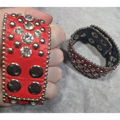 Glam Punk Rhinestone Red Faux Leather Studded Bracelets (2)