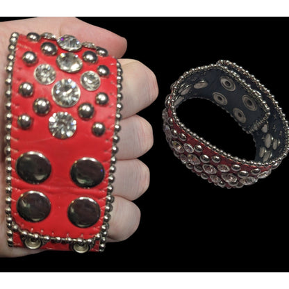 Glam Punk Rhinestone Red Faux Leather Studded Bracelets (2)