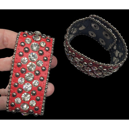 Glam Punk Rhinestone Red Faux Leather Studded Bracelets (2)