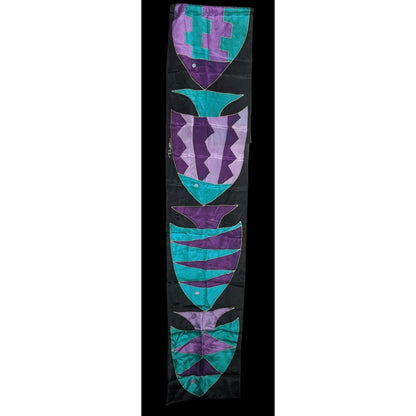 Vintage Artisan Signed Fish Motif Hand-Painted Print Silk Scarf 54"x9" Purple & Teal Abstract Wrap