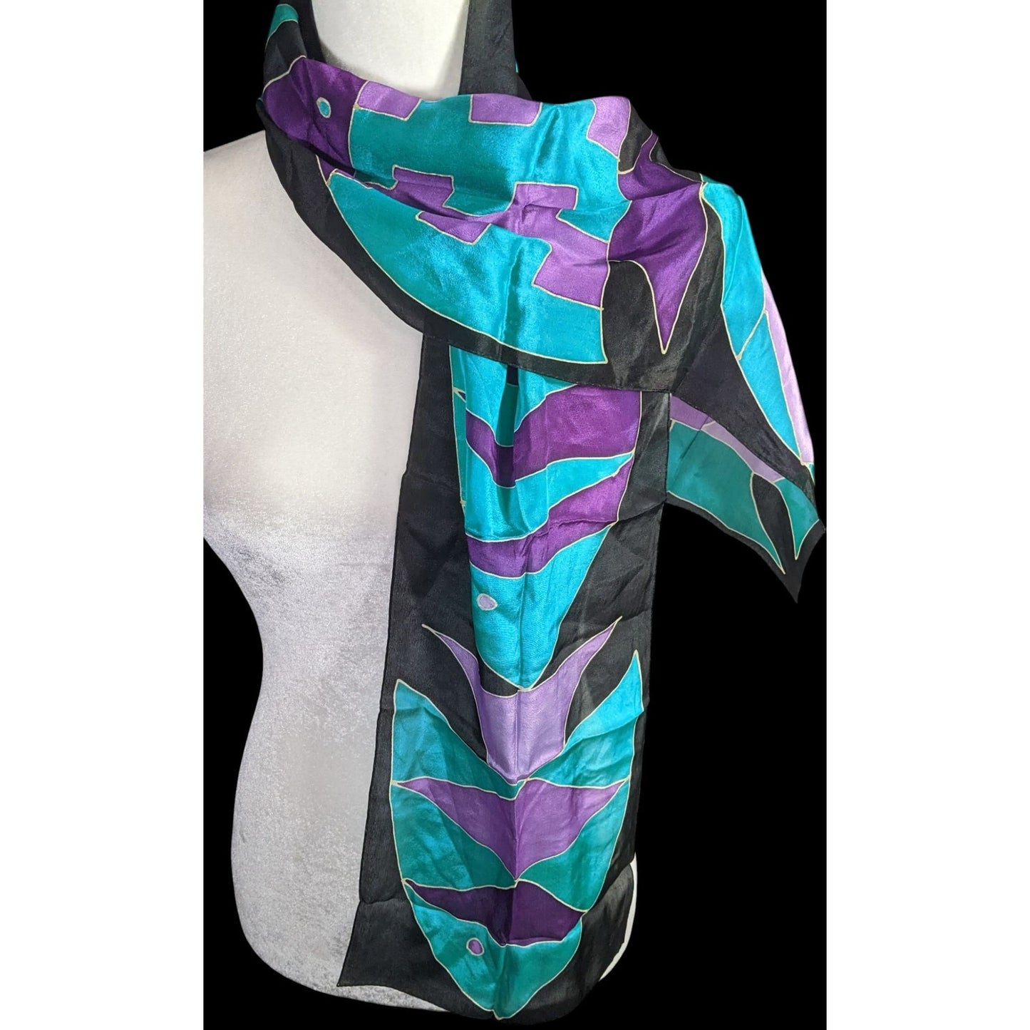 Vintage Artisan Signed Fish Motif Hand-Painted Print Silk Scarf 54"x9" Purple & Teal Abstract Wrap