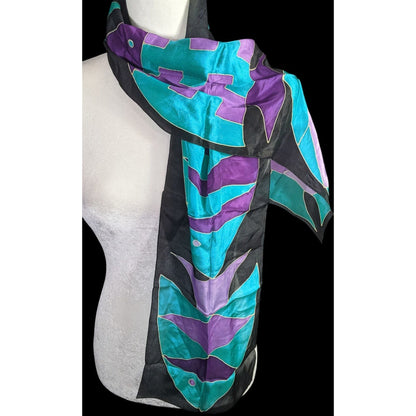 Vintage Artisan Signed Fish Motif Hand-Painted Print Silk Scarf 54"x9" Purple & Teal Abstract Wrap