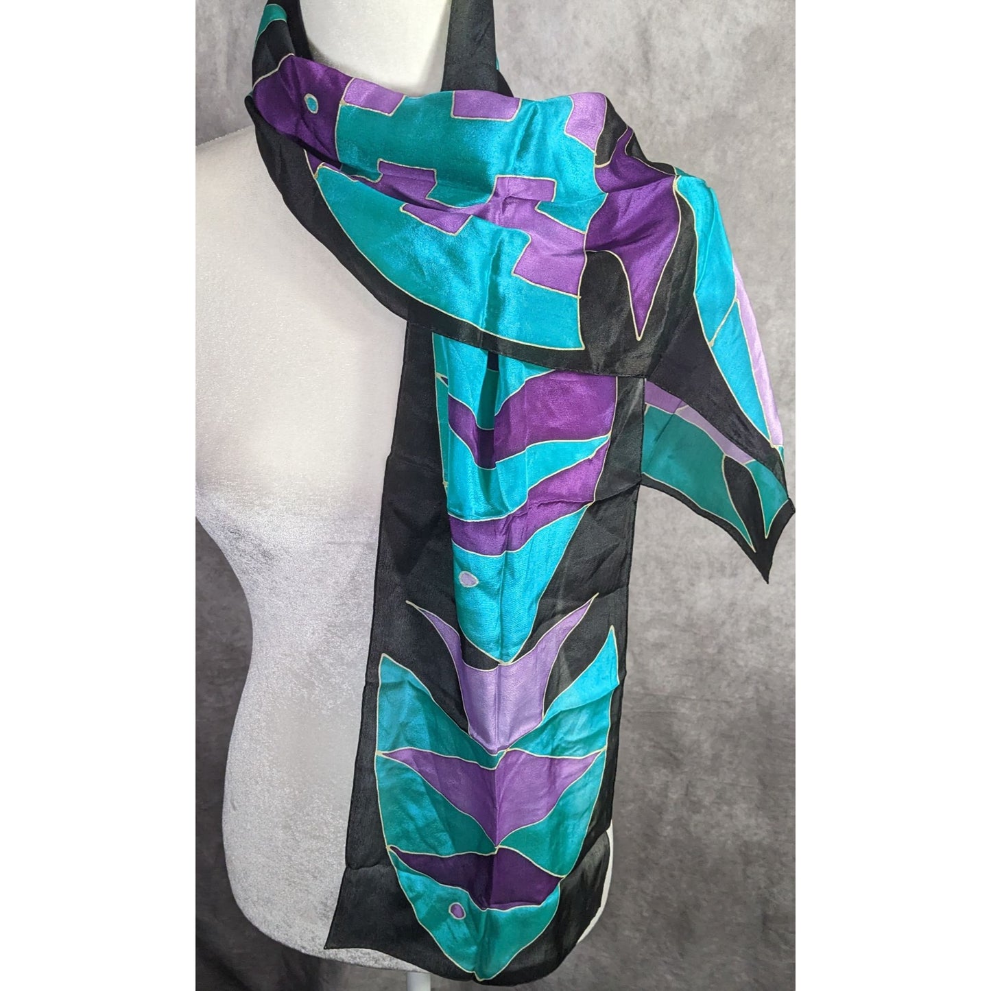 Vintage Artisan Signed Fish Motif Hand-Painted Print Silk Scarf 54"x9" Purple & Teal Abstract Wrap