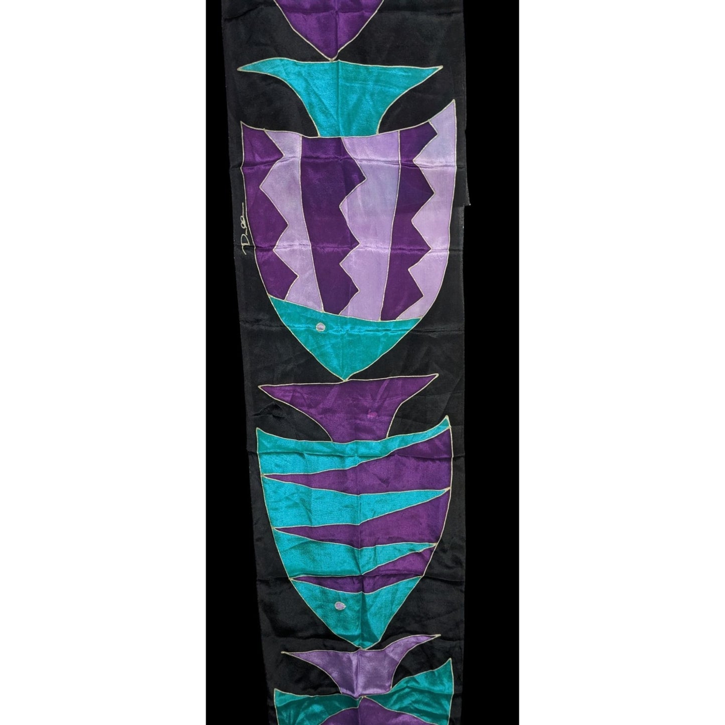 Vintage Artisan Signed Fish Motif Hand-Painted Print Silk Scarf 54"x9" Purple & Teal Abstract Wrap